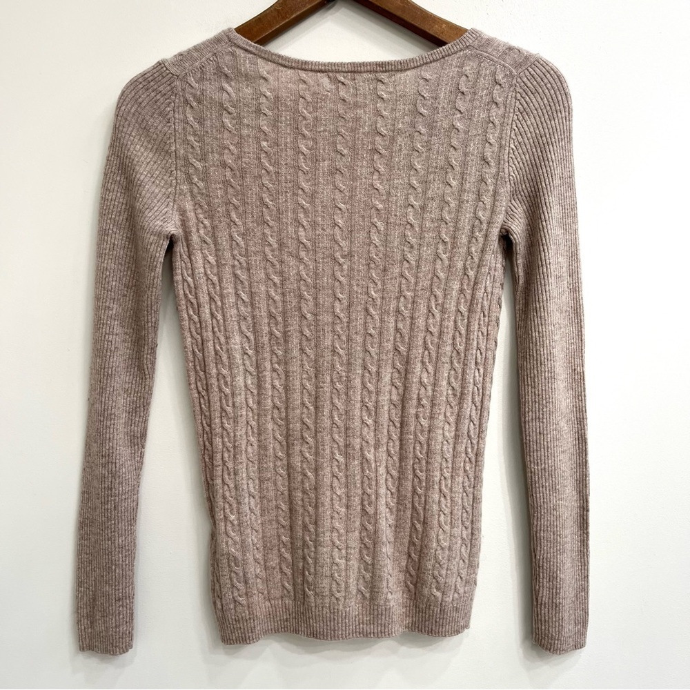 LOFT 100% cashmere tan cable knit sweater crewneck ribbed lightweight medium - Picture 3 of 7